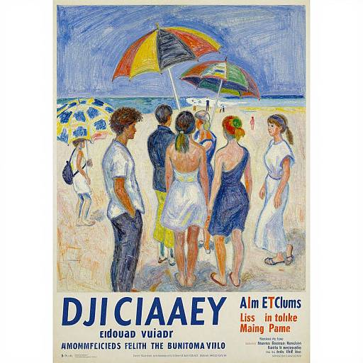 Gauguinesque Beach Scene with Umbrellas