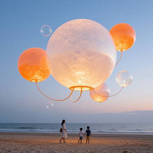 Photograph of a beach at sunset with a woman and two children walking, surrounded by glowing, oversized orange balloons and bubbles in the clear blue sky.