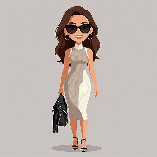Digital illustration of a stylish woman with long brown hair, wearing black sunglasses, a sleeveless beige and white ribbed dress, black heels, and holding