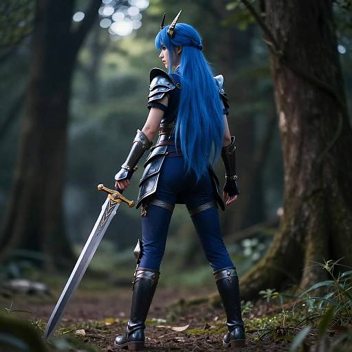 Photorealistic Warrior with Sword in Forest