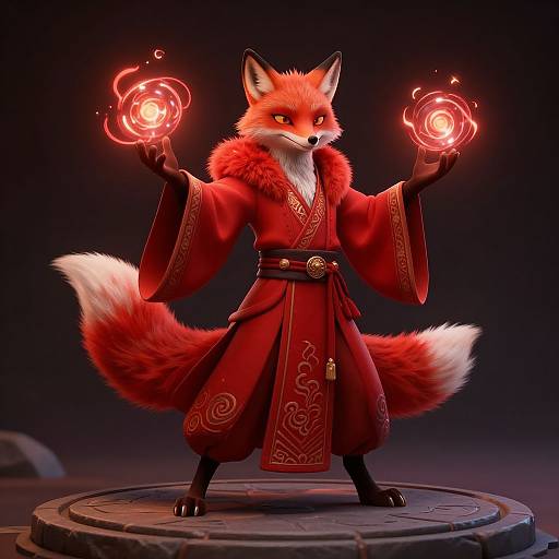 CGI image of a red fox in a red, ornate kimono, standing on a stone pedestal, conjuring glowing red fireballs in both