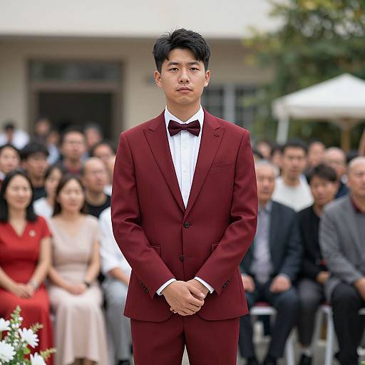 Photograph of an Asian man in a maroon suit with black bow tie, standing confidently in front of a blurred crowd at an outdoor event.
