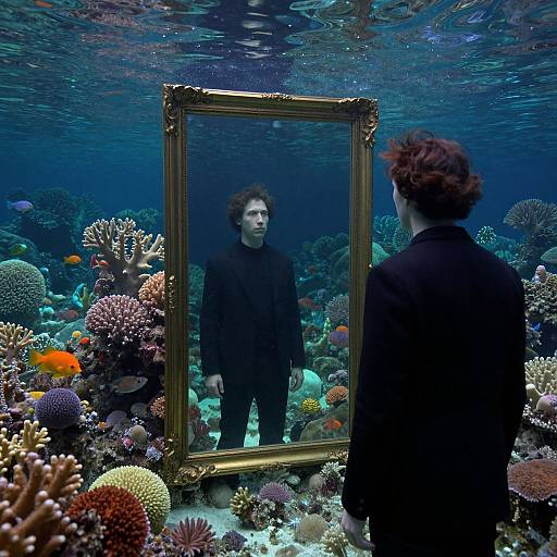 Photograph of a man with curly hair, black clothing, standing before a gold-framed mirror underwater, surrounded by colorful coral and fish.