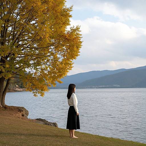 Photograph of an Asian woman with long black hair, wearing a white blouse and black skirt, standing by a lake, gazing at autumn-colored trees