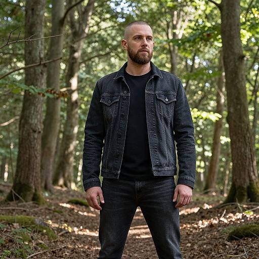 Photograph of a bald, bearded man with a serious expression, wearing a black denim jacket and jeans, standing in a sunlit forest.
