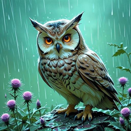 Realistic Owl with Amber Eyes in Rain Realistic Owl with Amber Eyes in Rain
