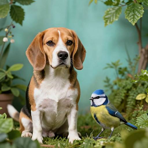 Beagle and Blue Tit in Foliage