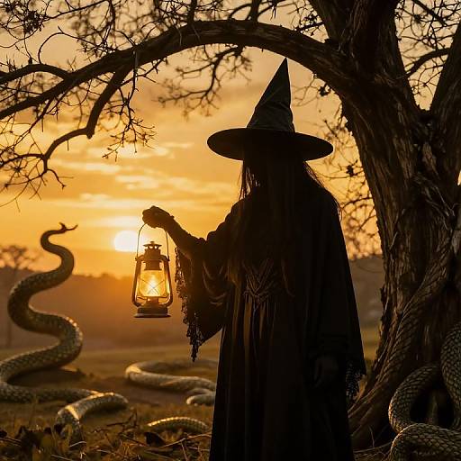 Silhouetted witch in black cloak and hat holds lantern, standing in sunset-lit forest with coiled snakes and bare tree. Photographic image