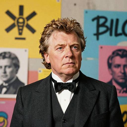 Photograph of a middle-aged white man with curly blond hair, wearing a black tuxedo with a bow tie, standing against a colorful, graffiti