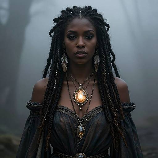 Mysterious dark-skinned woman with long braids, glowing pendant, off-shoulder black dress, foggy forest background, ethereal, fantasy