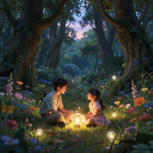 Photograph of a young Asian couple sitting by a glowing campfire in a magical, twilight forest, surrounded by colorful flowers and glowing lights.