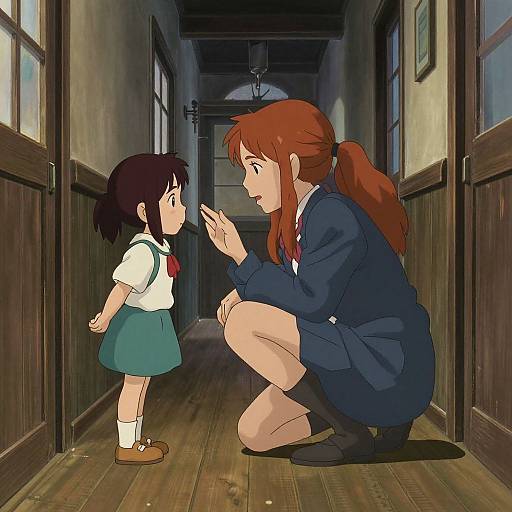 Anime-style drawing of a tall red-haired girl squatting, gently touching hands with a shorter black-haired girl in a school hallway.