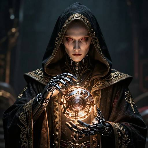 Dark-robed sorcerer with glowing red eyes and mechanical hands holds a radiant, intricate orb in a dim, mystical setting. Digital art.