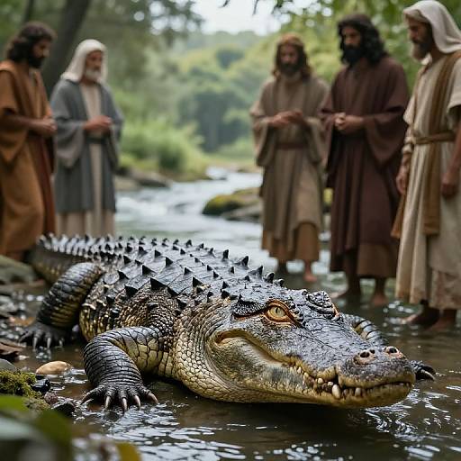 Photograph of five ancient, hooded men standing in forest, gazing at a large, menacing crocodile in a shallow stream.