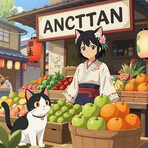 Anime Catgirl at Japanese Fruit Stand