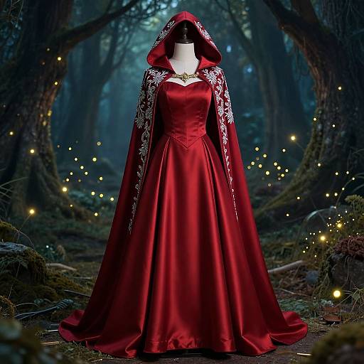 Photograph of a mannequin in a red, hooded, lace-sleeved gown with a fitted bodice, standing in a mystical,