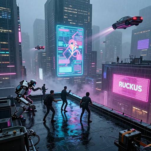 Cyberpunk cityscape: Neon-lit skyscrapers, rain-soaked rooftop, silhouetted figures in action, glowing 