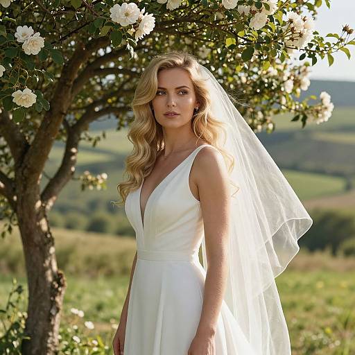 Blonde Bride Beneath Blooming Rose Tree