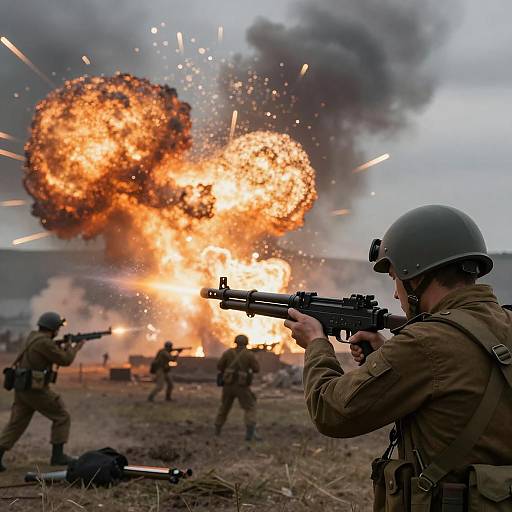 Soldiers Firing Machine Guns Amid Massive Explosions