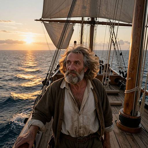Photograph of a bearded, rugged old man with wild hair on a wooden ship at sunset, sails raised, ocean waves in background.