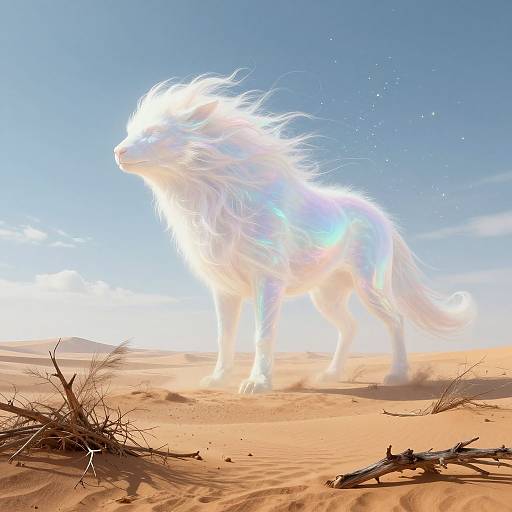 Digital art of a luminous white, ethereal wolf with flowing mane standing in a bright desert, surrounded by sand and dry branches under a clear blue