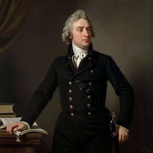 18th-century portrait of a distinguished white man with gray hair, wearing a black double-breasted coat, white cravat, and holding a qu