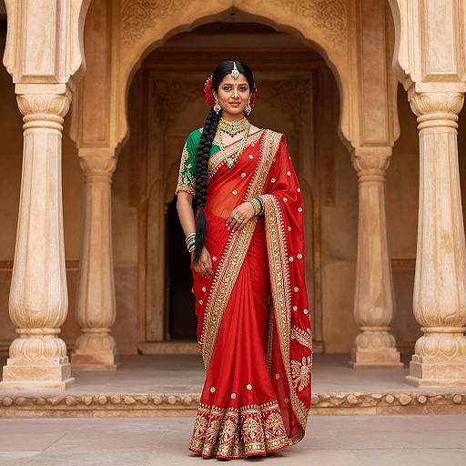 Photograph of a beautiful Indian woman in a vibrant red saree with gold embroidery, standing in an ornate, stone archway. She has dark