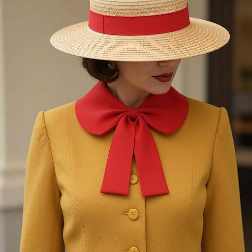 Photograph of a woman in a mustard yellow coat with a large red collar and bow, wearing a wide-brimmed beige hat with a red band