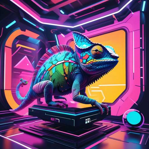 Vibrant Chameleon in Cyberpunk VR Chamber