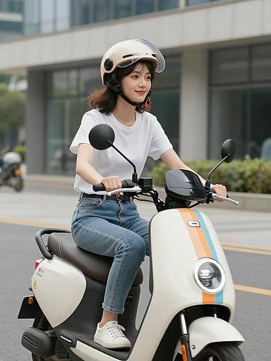 Woman Riding White Scooter in Urban Setting