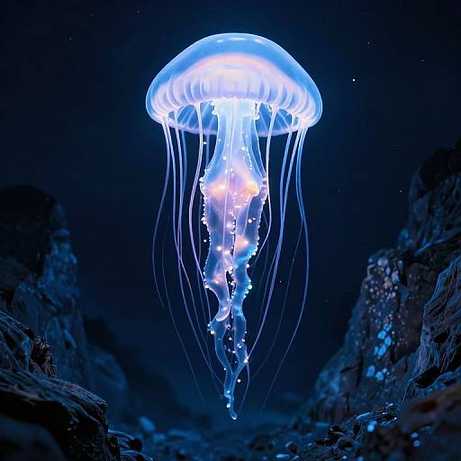 Photograph of a glowing blue jellyfish with translucent, flowing tentacles, illuminated against a dark, rocky underwater background.