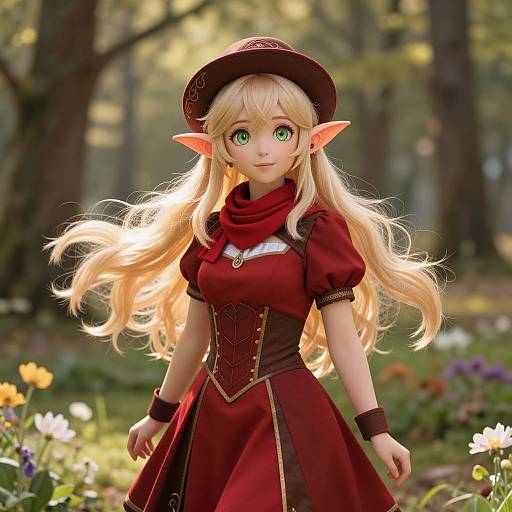 Digital artwork of a cute, blonde, elf girl with green eyes, wearing a red dress and hat, standing in a sunny forest garden.