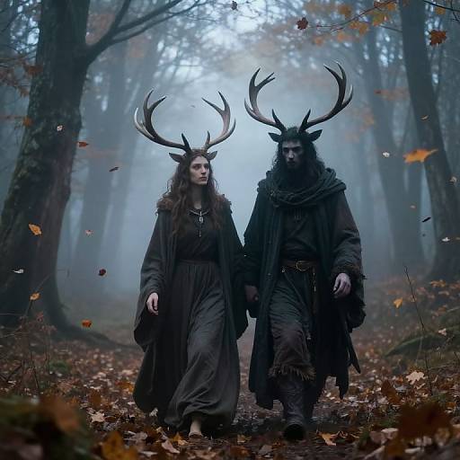 Photograph: Mysterious forest scene with a woman and a man with antlered helmets, wearing dark medieval robes, walking amidst falling autumn leaves.