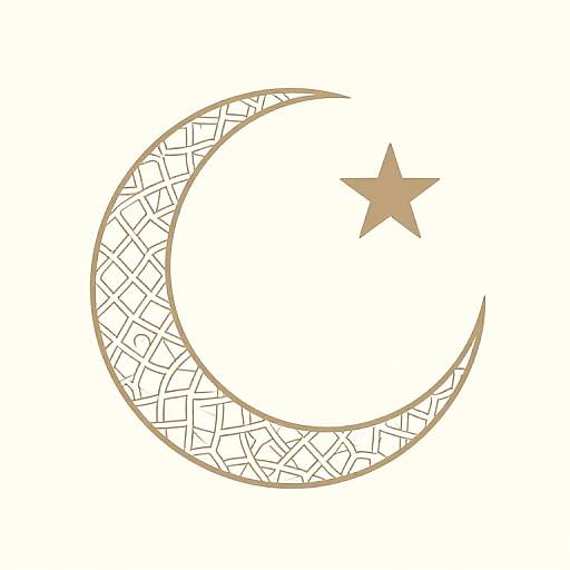 Gold crescent moon with intricate geometric pattern and a five-pointed star on the right, set against a plain white background.