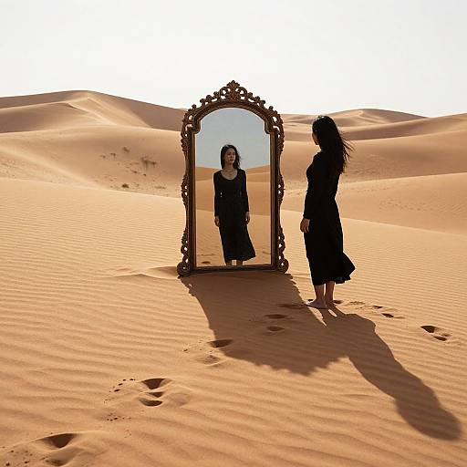 Silhouetted woman in black dress stands in desert, facing ornate mirror reflecting her image, with sunlit sand dunes in background.