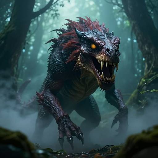 CGI digital art of a ferocious, dark-scaled, red-maned monster with glowing orange eyes and sharp teeth, prowling through a mist