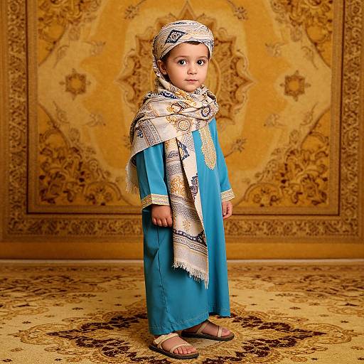 Photograph of a young girl in a blue robe and white patterned headscarf and shawl, standing on a patterned carpet against an orn