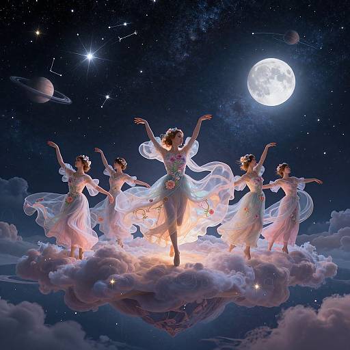 Photograph-like digital art of five ethereal, dancing women in white, flower-adorned dresses on a glowing cloud under a full moon, star