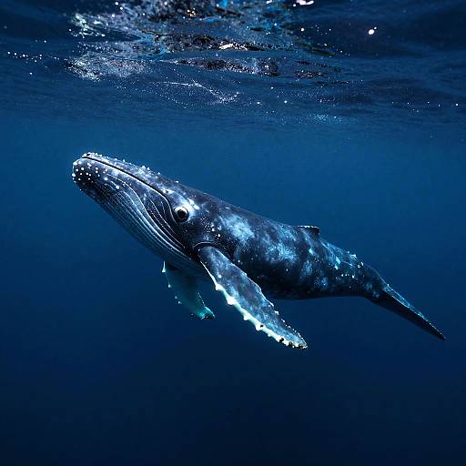 Photograph of a large, blue-lit humpback whale swimming underwater, with its textured body and flippers visible, surrounded by dark blue ocean