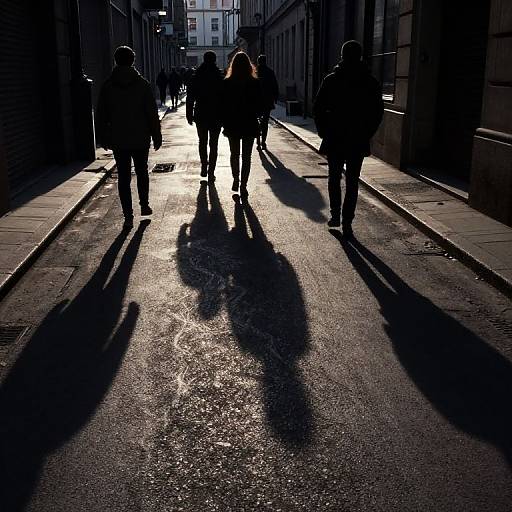 Photograph of four silhouetted people walking down a sunlit, shadowed urban street, casting long, dark shadows on the wet pavement.