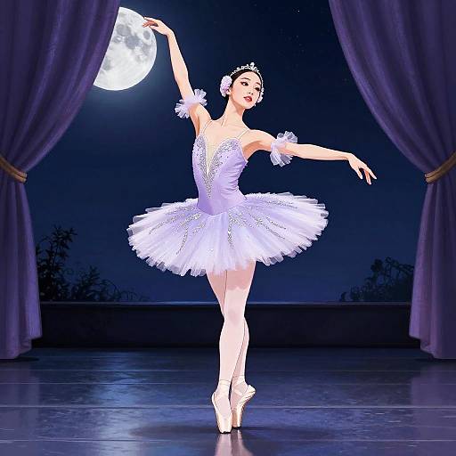 Digital illustration of a ballerina in a white tutu, tiara, and pointe shoes, dancing under a full moon, framed by dark