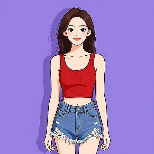 Digital anime-style drawing of a young woman with long brown hair, red crop top, and distressed blue denim shorts, against a purple background.