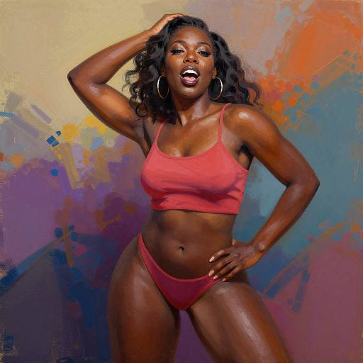 Digital painting of a confident, dark-skinned woman in red sports bra and panties, with wavy hair, large hoop earrings, and colorful abstract background