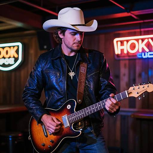 Photograph of a bearded man in a white cowboy hat, black leather jacket, playing a sunburst electric guitar in a dimly lit bar with