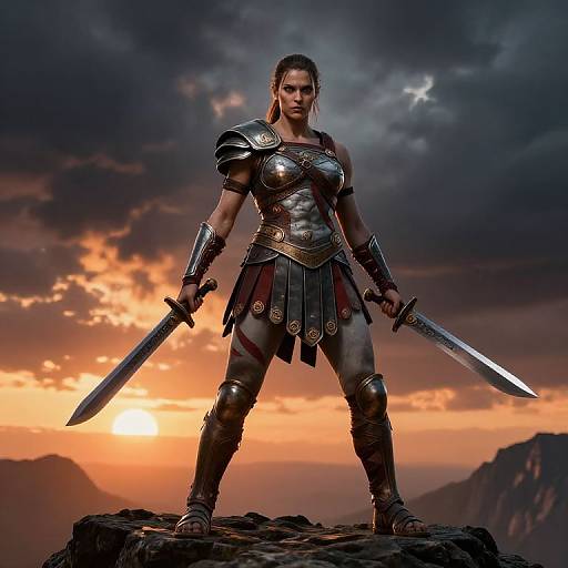 Digital artwork of a fierce, muscular warrior woman in silver and black armor, holding two swords, standing on a rocky cliff at sunset with dramatic, cloudy