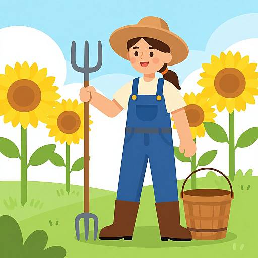 Cartoon-style image of a smiling woman in blue overalls, brown boots, and hat, holding a pitchfork and bucket, standing among sunflowers