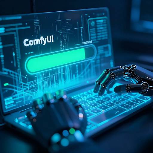 Photograph of a blue-lit laptop displaying 