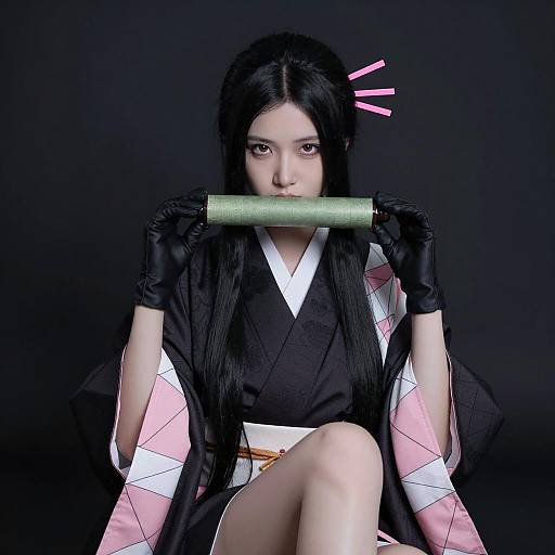 Asian Woman in Kimono Holding Scroll