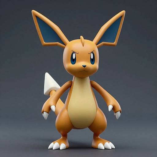 3D CGI of a determined-looking, orange, bipedal creature with large blue ears, white chest, and tail, standing against a dark gradient