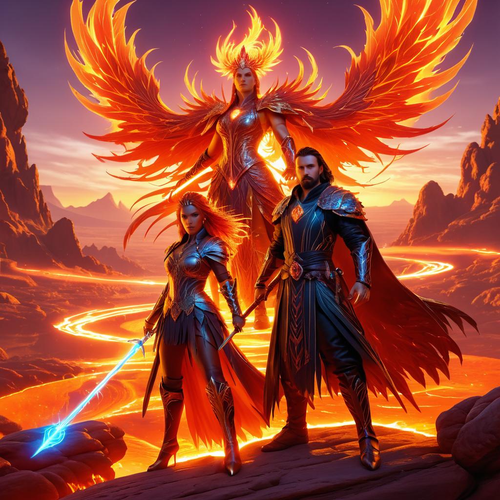 Epic Fantasy Scene with Phoenix and Warriors